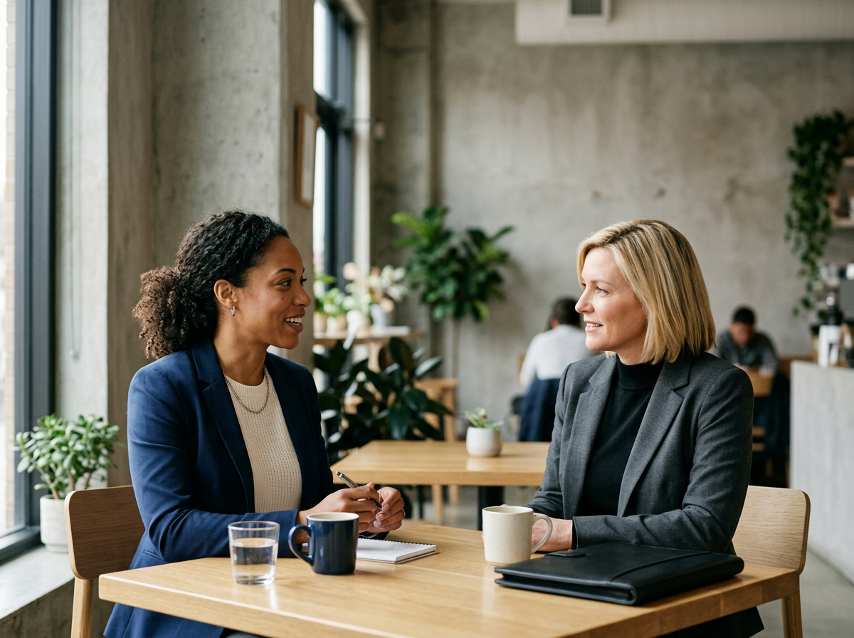 Two women engaged in a conversation at a café, sitting at a wooden table with mugs and a glass of water, in a modern, well-lit space with plants and large windows.