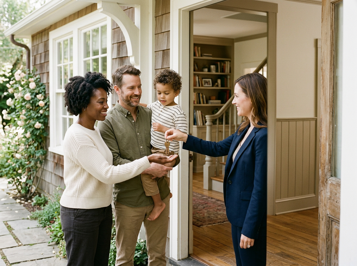 A family of three, a woman, a man, and a young boy, standing at the doorway of their home, receiving house keys from a real estate agent.