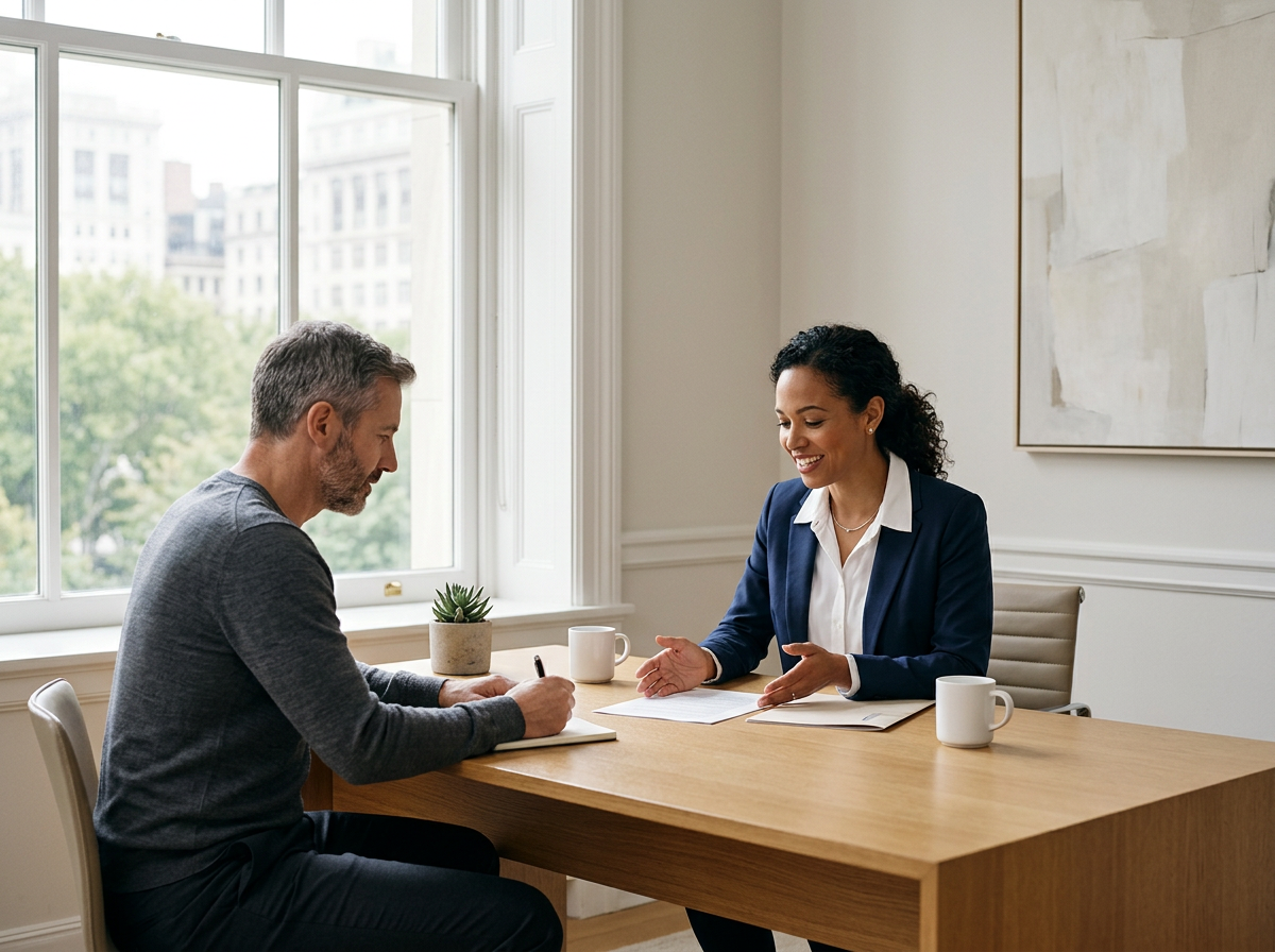 A man and a woman sitting at a desk in a bright office, engaged in a conversation with papers and coffee mugs on the table.