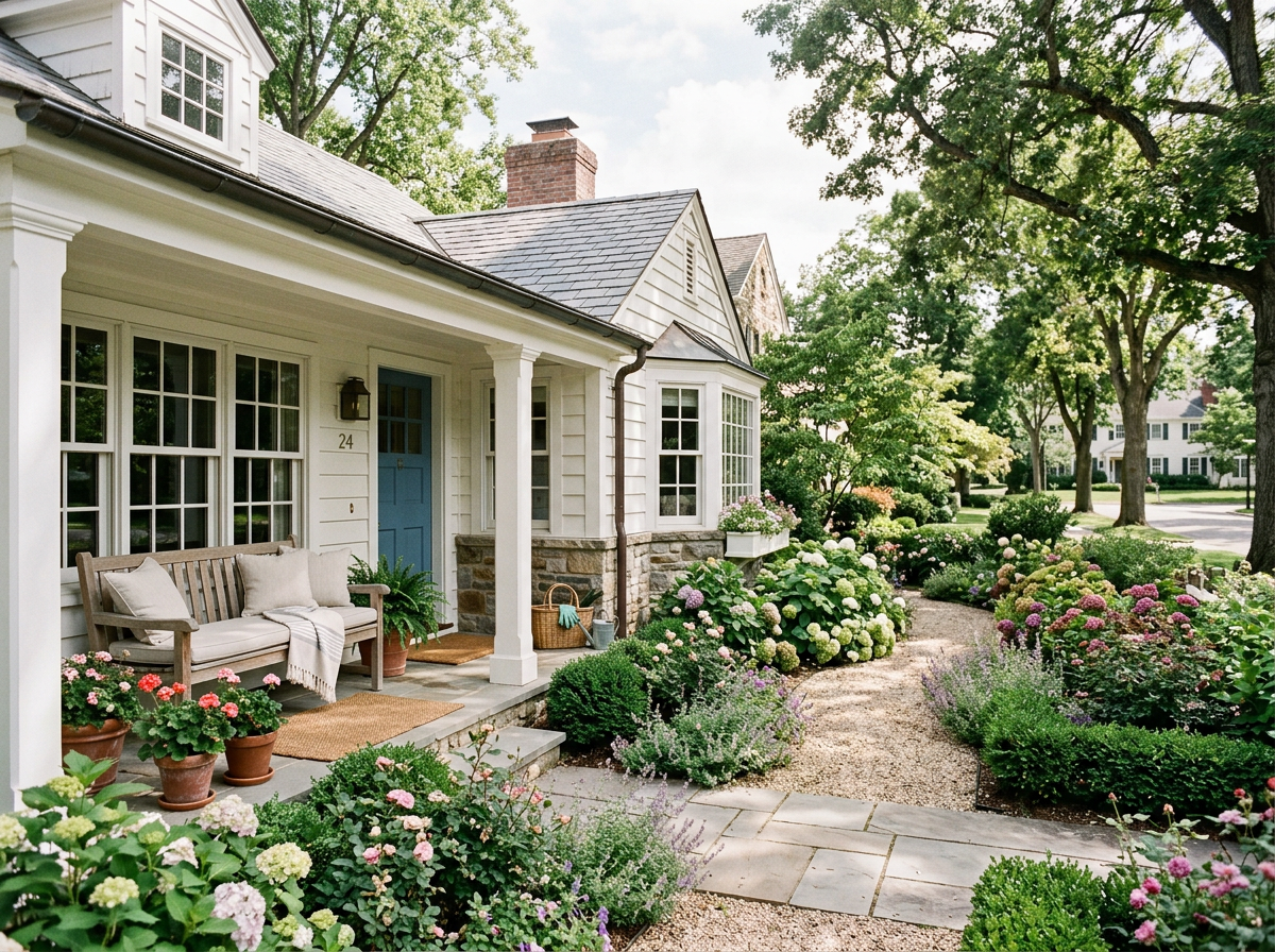 A charming suburban house with a white porch, blue front door, and lush garden filled with colorful flowers along a gravel pathway.