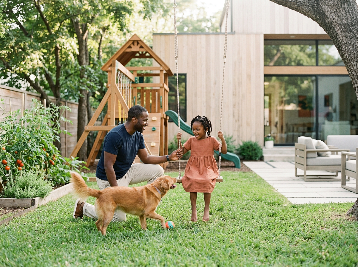 A father and daughter playing on a swing in a backyard with a dog, garden, and modern house in the background.