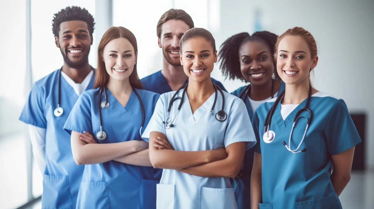 Group of six diverse healthcare professionals wearing scrubs and stethoscopes, smiling in a medical setting.