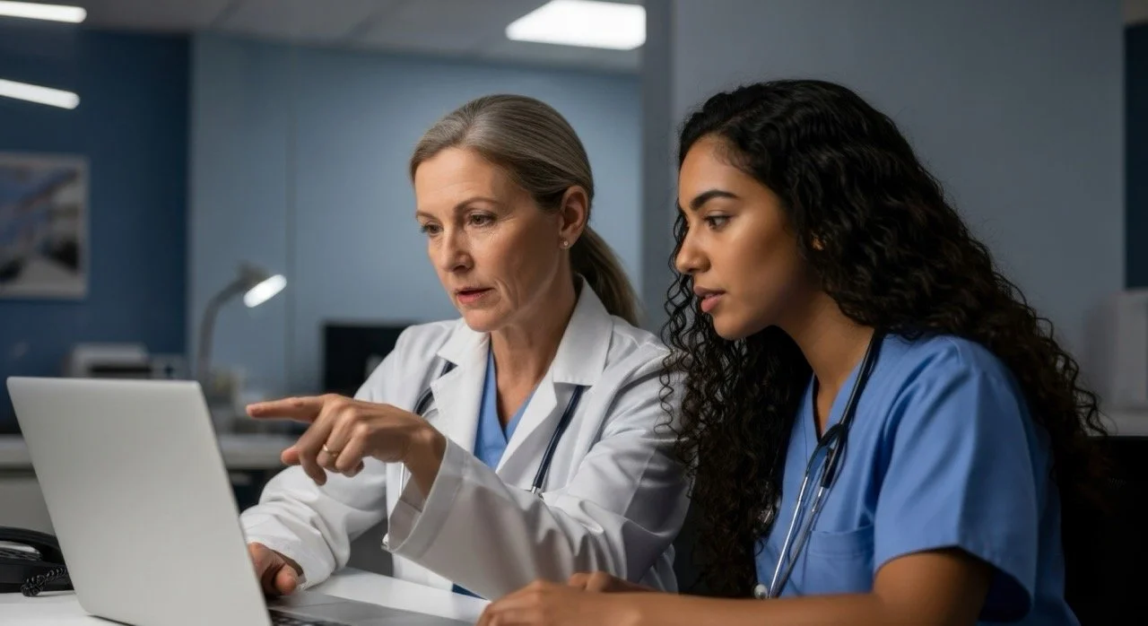Two female healthcare professionals, one older and one younger, are sitting together in a medical office looking at a laptop screen, with the older one pointing at the laptop.