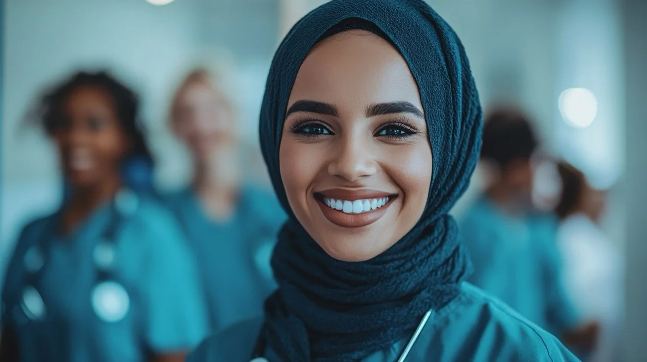 A smiling female healthcare professional wearing a navy blue headscarf and medical scrubs, with other healthcare workers blurred in the background.
