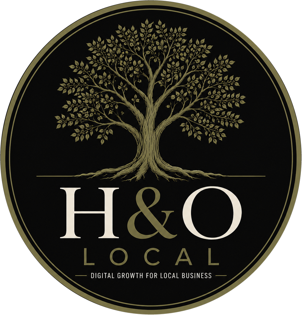 A logo with a gold tree with many leaves and branches, and the text 'H&O LOCAL' underneath, along with a tagline 'Digital Growth for Local Business' on a black background.