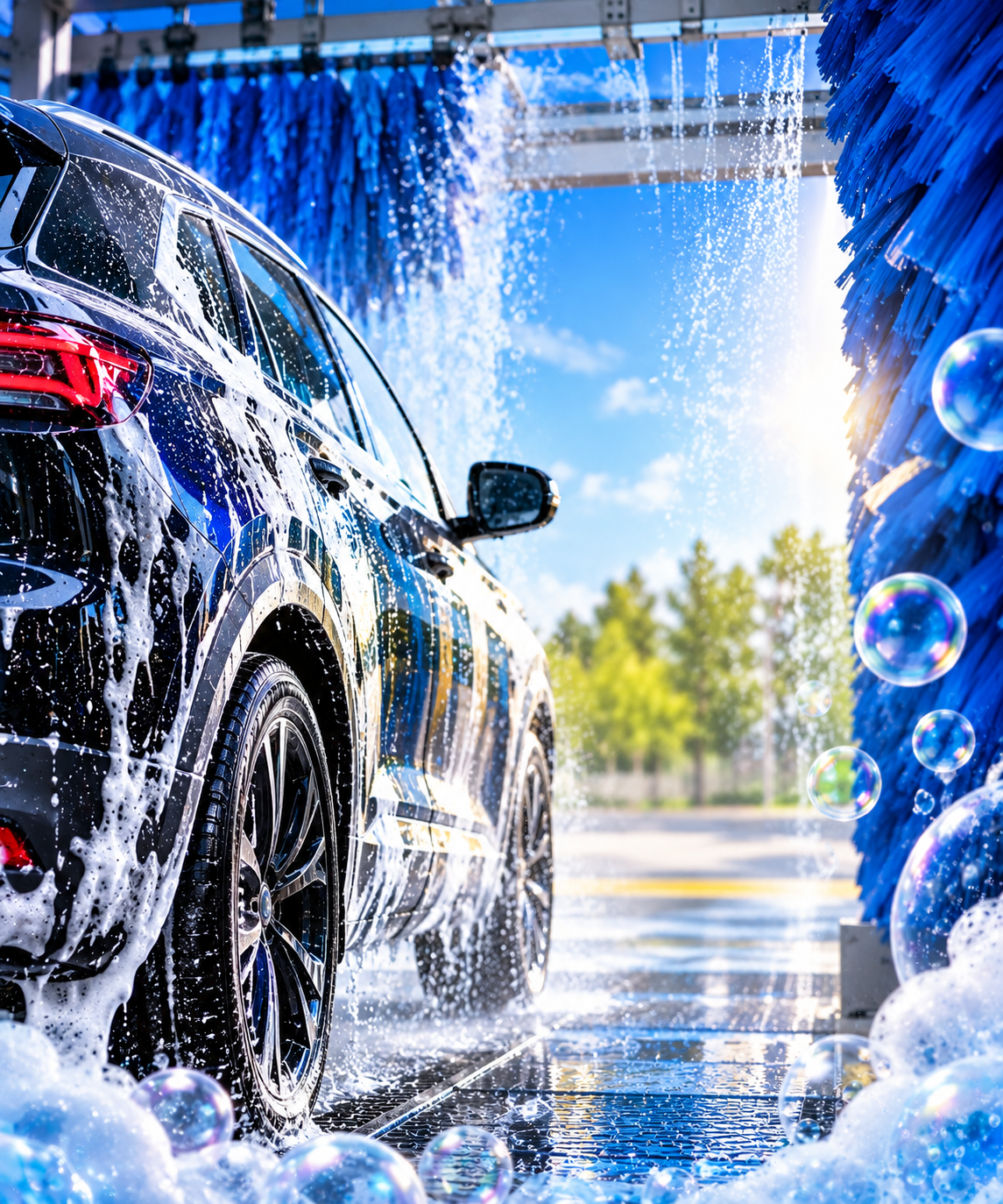 A black SUV being washed at an outdoor car wash station with soap suds and water. The background shows a clear blue sky and green trees.