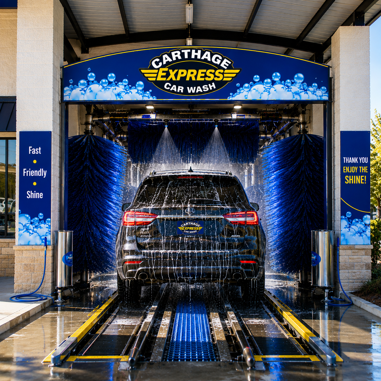 Black SUV being washed at Carthage Express Car Wash with soap and water spray, blue circular brushes on sides, and a blue sign overhead. Sign on left says 'Fast, Friendly, Shine'. Sign on right says 'Thank you. Enjoy the Shine!'