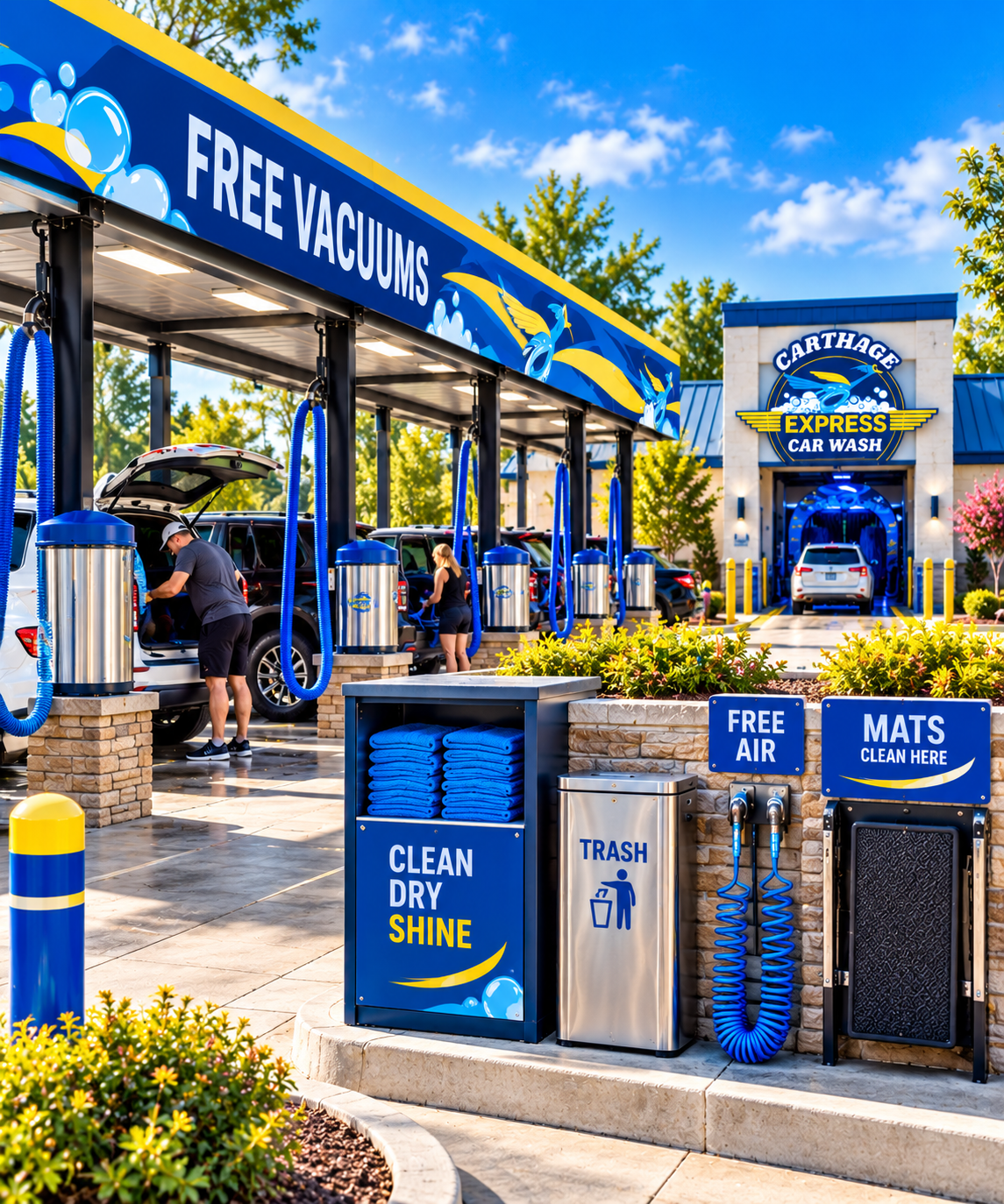 Car wash facility with multiple washing bays, signage indicating free vacuums, air, mats, and cleaning supplies, workers washing vehicles, and a building with a car wash entrance, all under a clear blue sky with green trees.