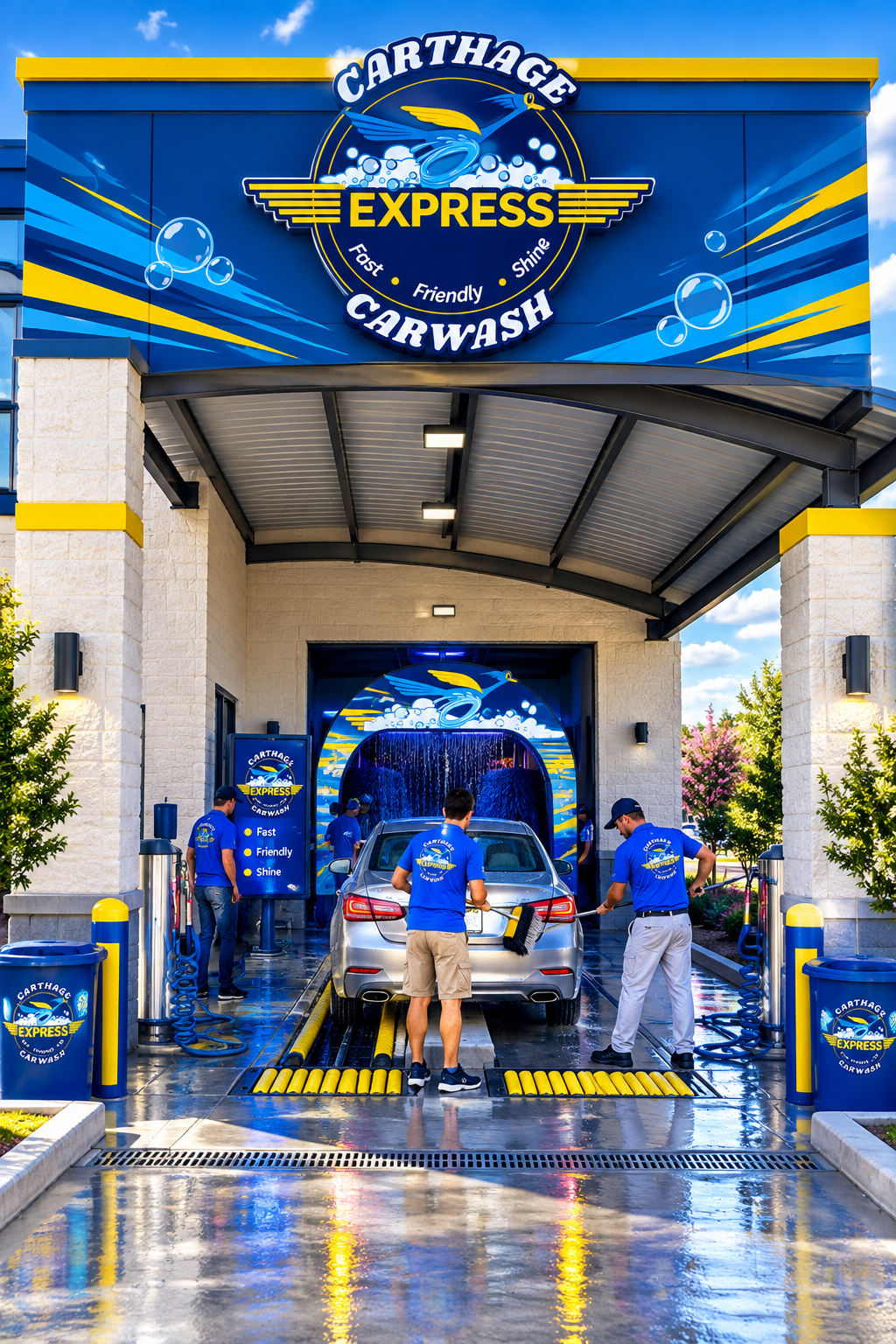 Exterior view of Carthage Express Car Wash with workers cleaning a silver car on a wash track, under a blue and yellow canopy. The signage highlights speed, friendliness, and shine with a blue and yellow color scheme.