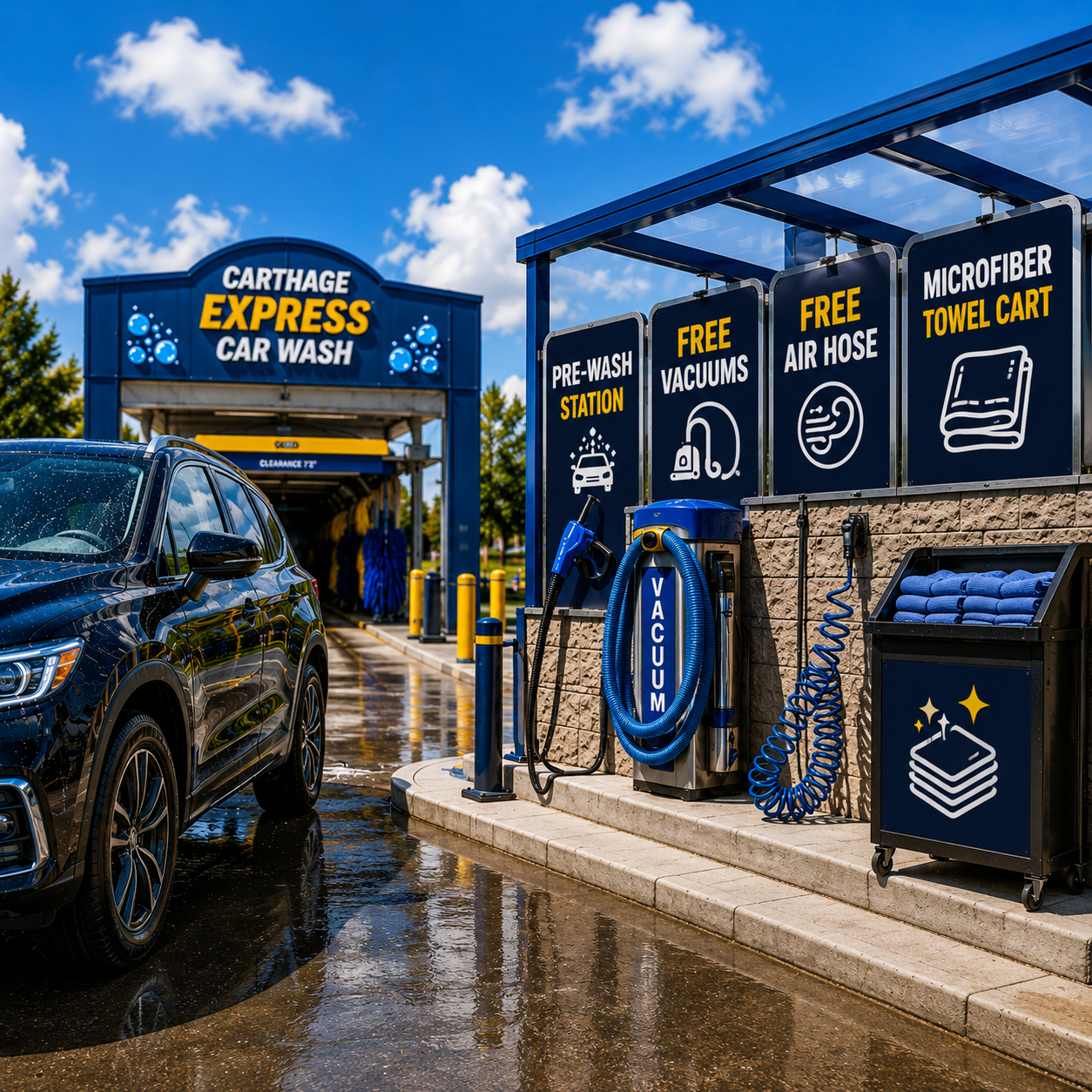 Car wash station with signs indicating free vacuums, air hose, pre-wash station, and microfiber towel cart, with a black SUV being washed.