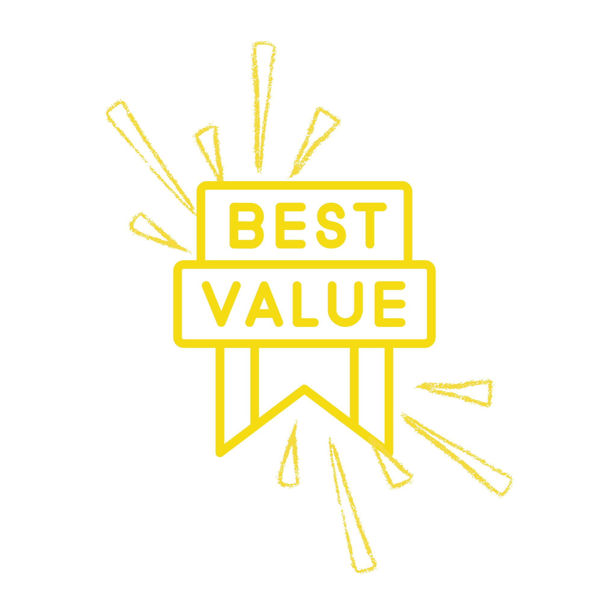 A yellow sketch of a candle on a stand with a flame, surrounded by a design with the words 'Best Value' in a blocky font.