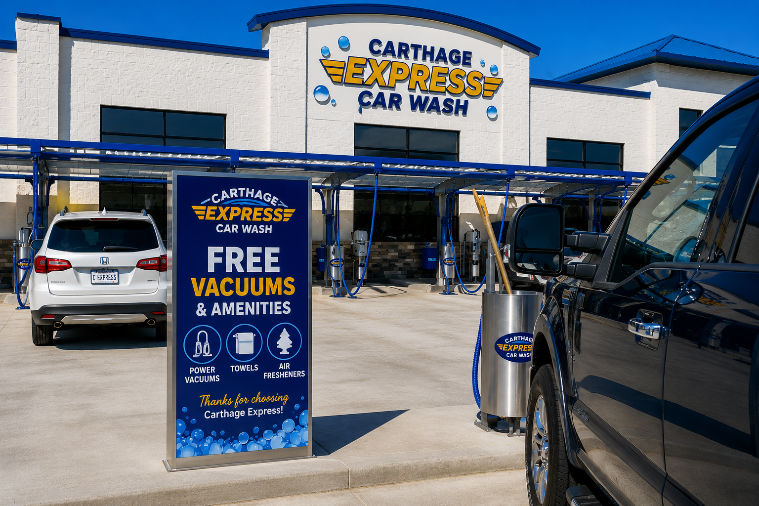 Front of Carthage Express Car Wash with signs advertising free vacuums and amenities, multiple cars being washed, and equipment for cleaning in the background.