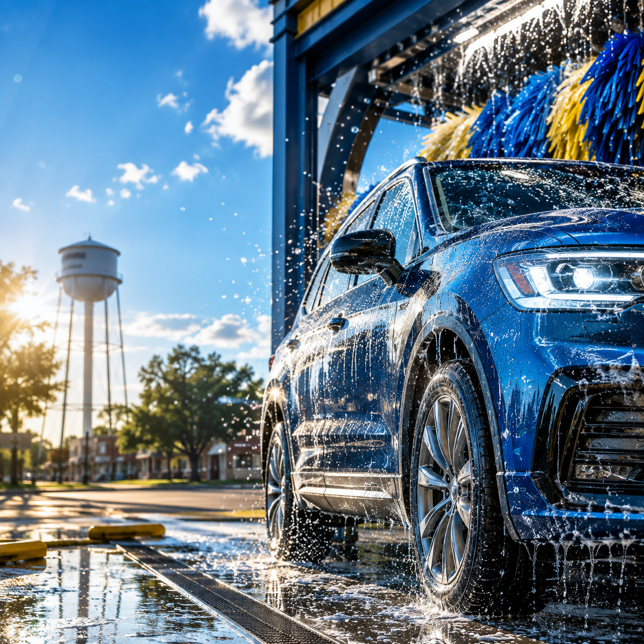 A blue SUV being washed with water and soap, with water droplets on its surface and sunlight shining in the background, including a water tower and trees in a small town.