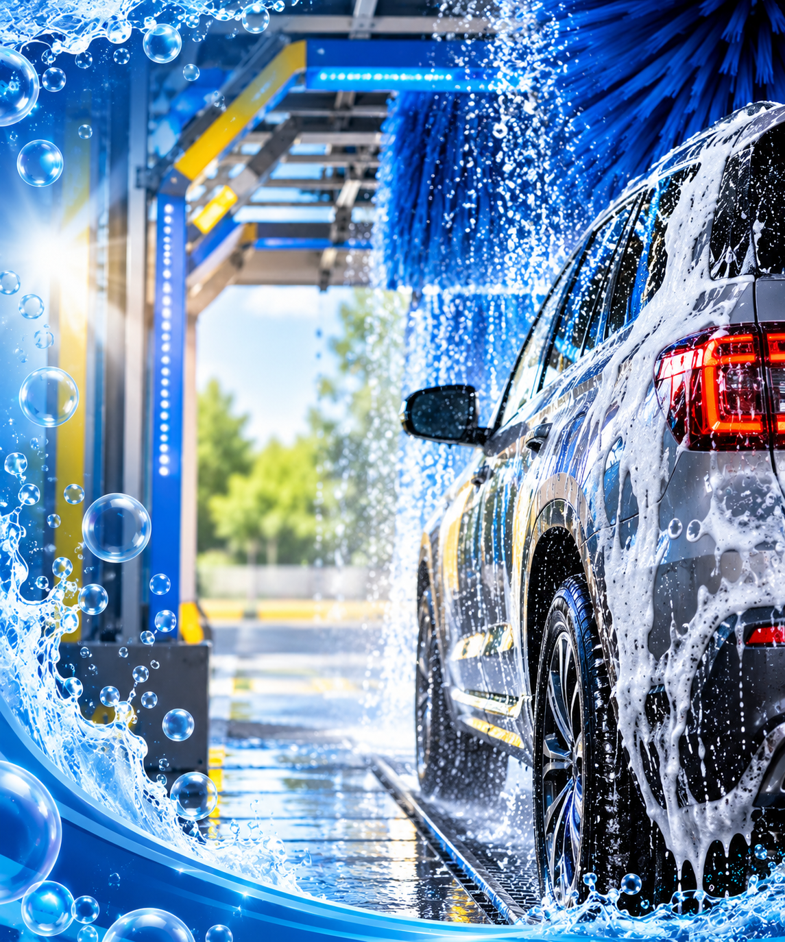 A car being washed at a car wash station with soap and water spray, with surrounding bubbles and bright blue lighting.