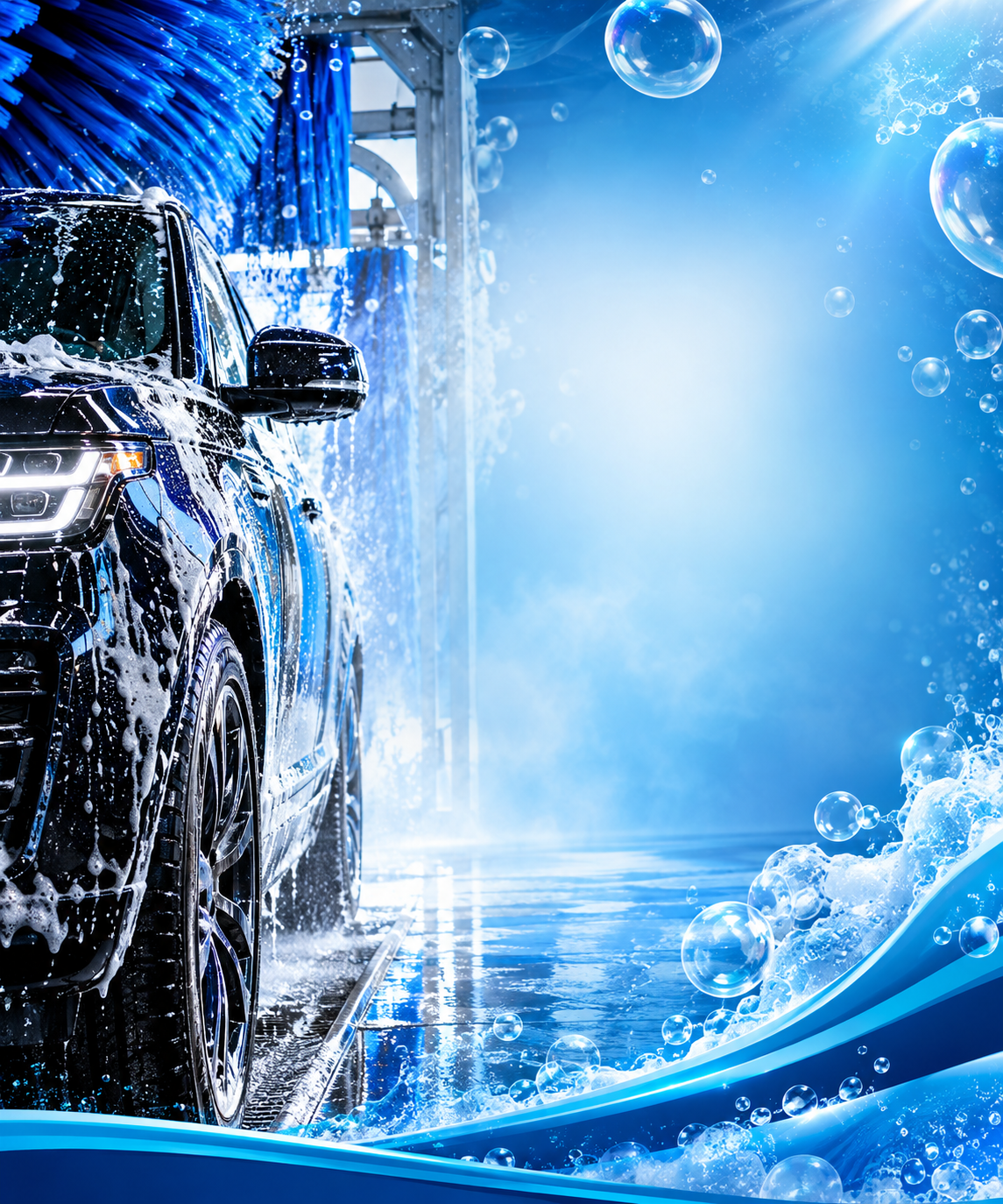 A black SUV being washed with water and soap in a self-service car wash bay with blue curtains and bright sunlight.