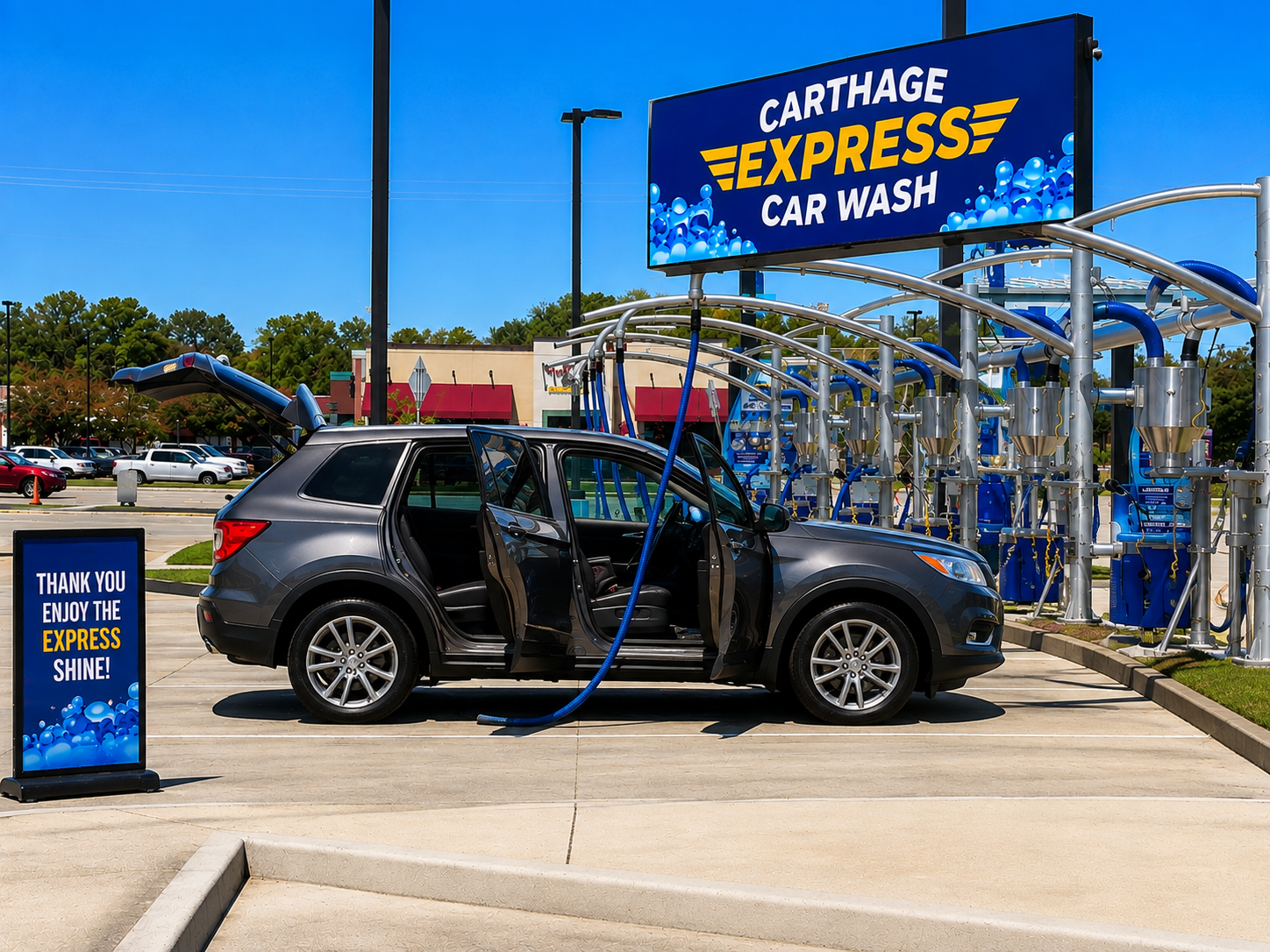 A gray SUV at a car wash station with its doors open and a hose connected to the vehicle. There is a sign thanking customers and encouraging them to enjoy the shine. A large sign displays 'Carthage Express Car Wash'.
