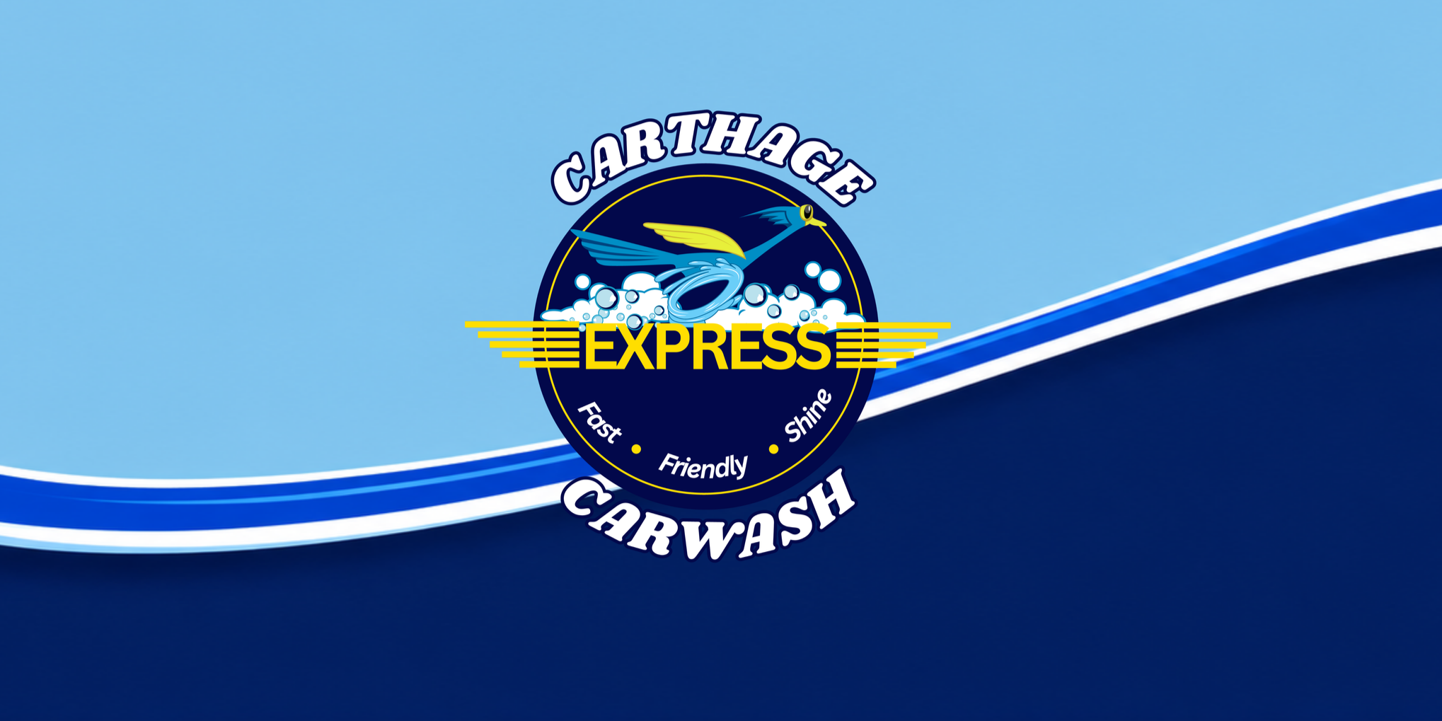 Logo for Carthage Express Car Wash with a blue bird, bubbles, and the words 'Fast', 'Friendly', 'Shine' on a blue background with white and blue stripes.