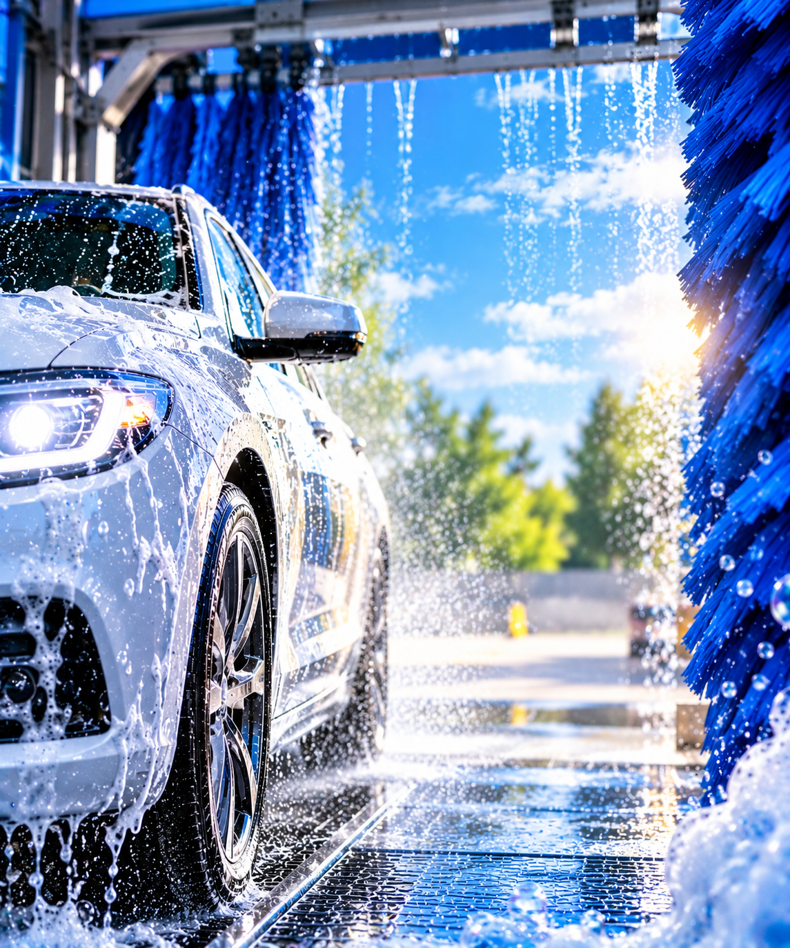 A silver car is being washed, with soap and water on its surface. The car is on a rotating brush system, with blue brushes on the sides, in an outdoor car wash station on a sunny day.