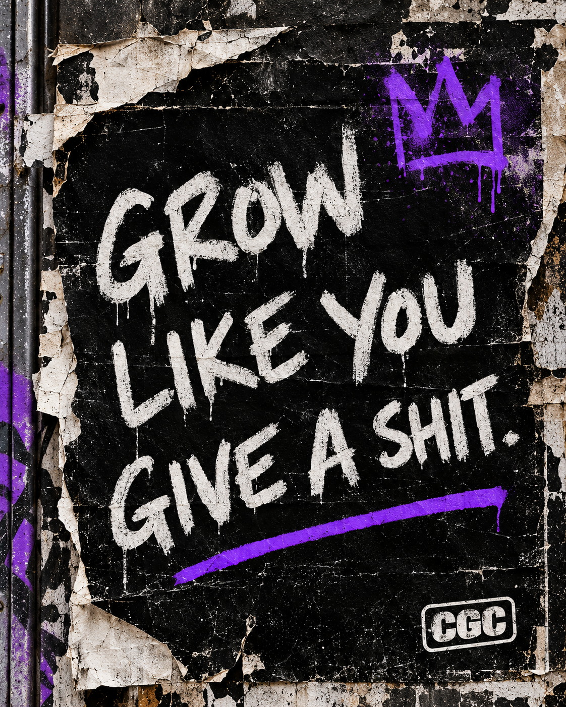 A weathered street poster with a black background, featuring white graffiti-style text that reads, "GROW LIKE YOU GIVE A SHIT," with a purple crown and underline accent, and the logo 'CGC' in the bottom right corner.