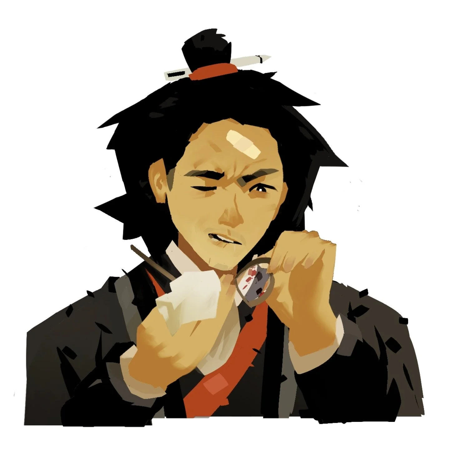 A person with black hair holding a watch and a piece of tissue, with a bandage on their forehead, wearing a black jacket with red accents, and a cigarette in their mouth.