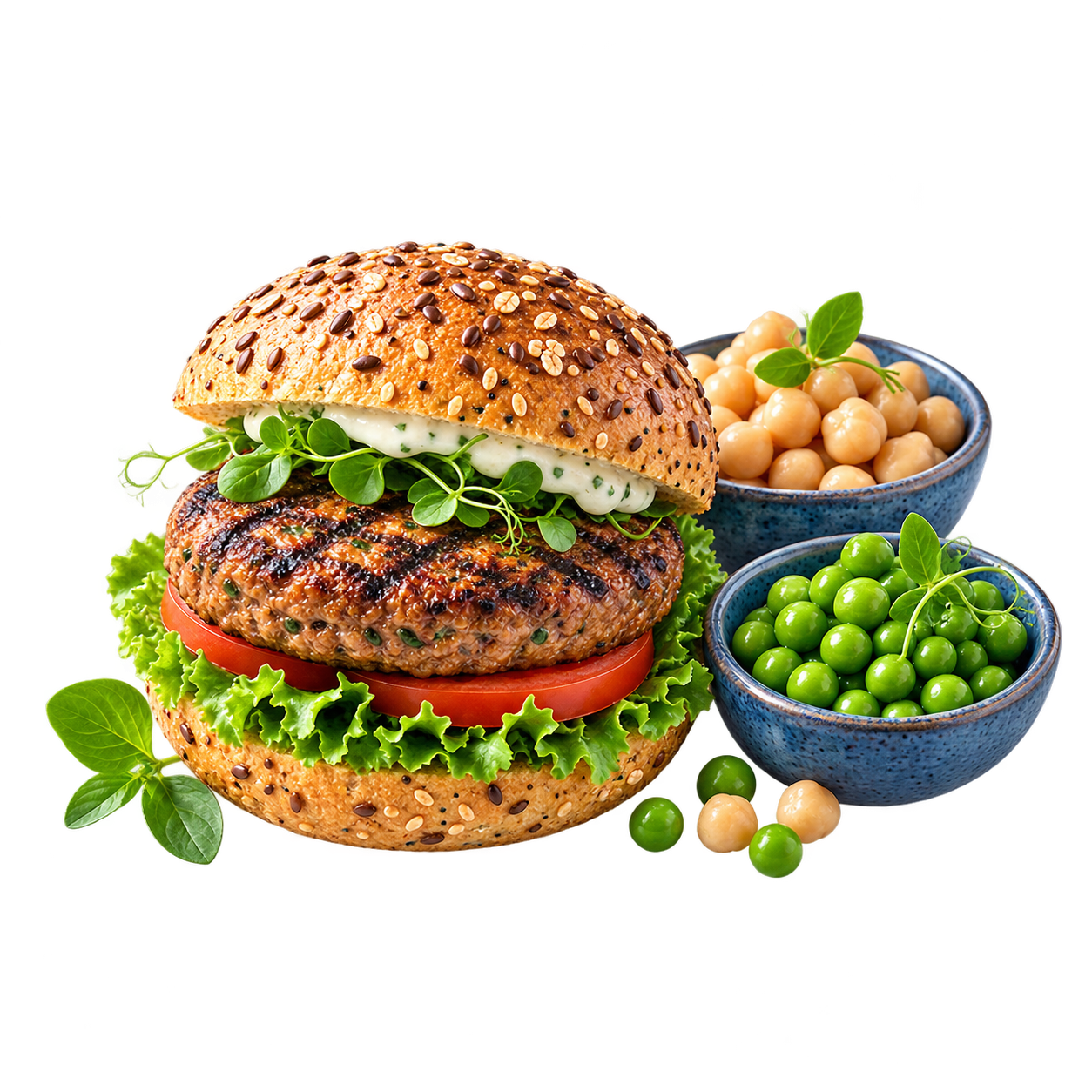 Izgara köfteli, tahıllı sandviç ekmek içinde yanında yeşil bezelye ve falafel ile servis edilmiş.