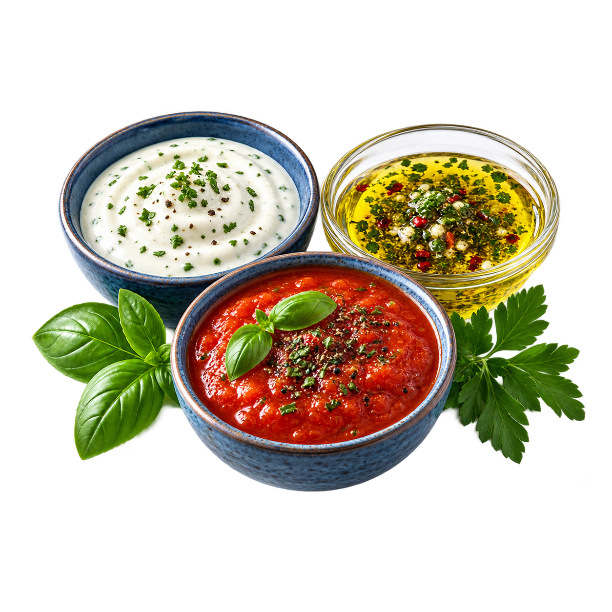 Üç farklı sos ve baharat dolu küçük kase, yanında taze reyhan ve maydanoz yaprakları.