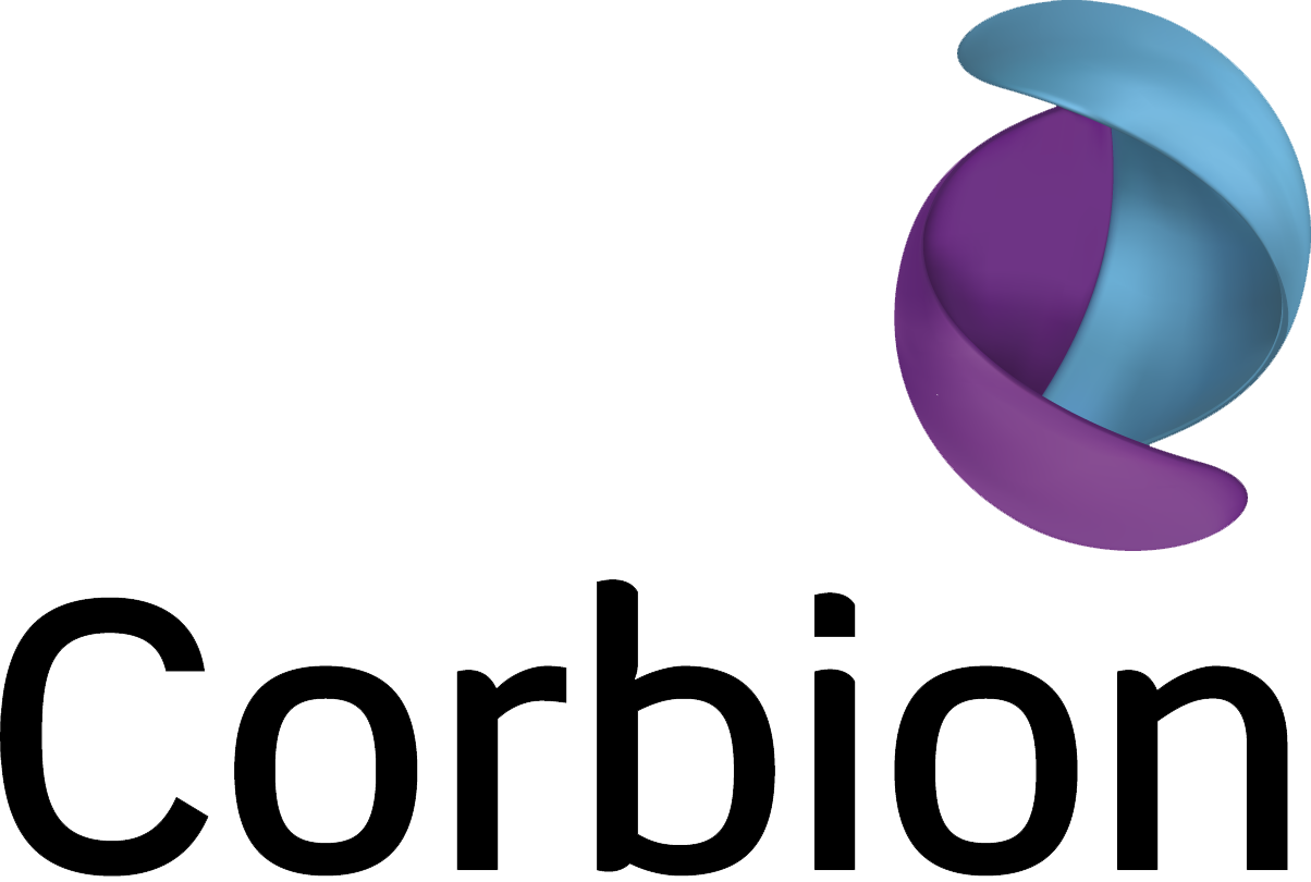 Corbion logosu ve mavi ve mor renklerde 3D tasarım.