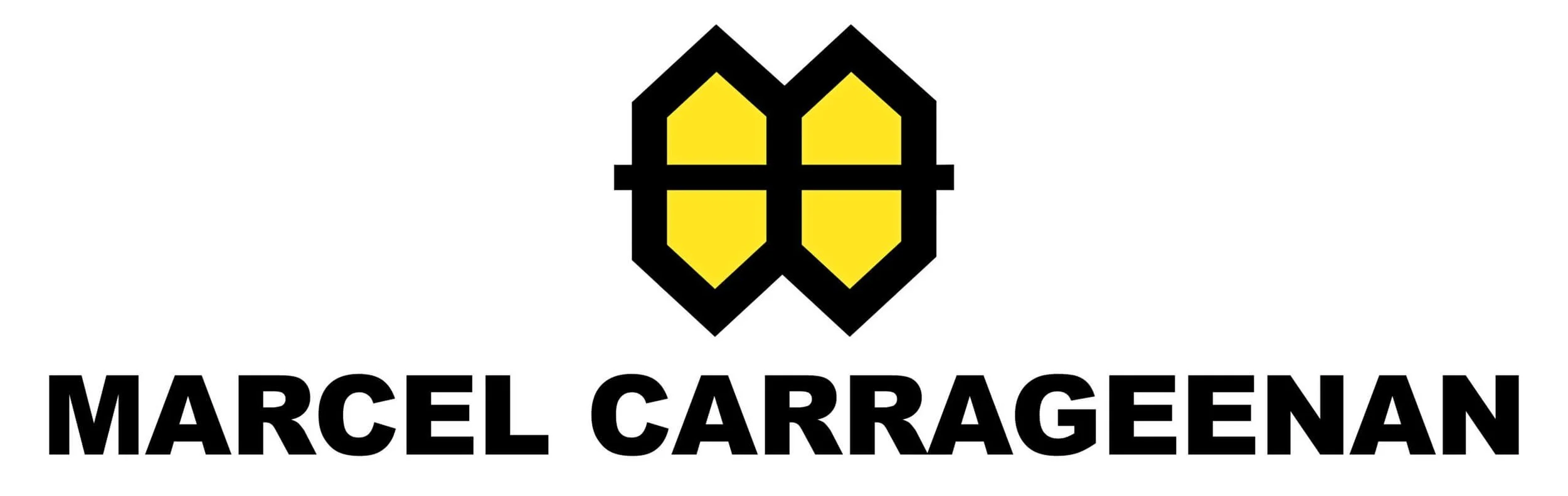 MARCEL CARRAGREENAN yazısı ve üzerinde sarı ve siyah renklerde sembol