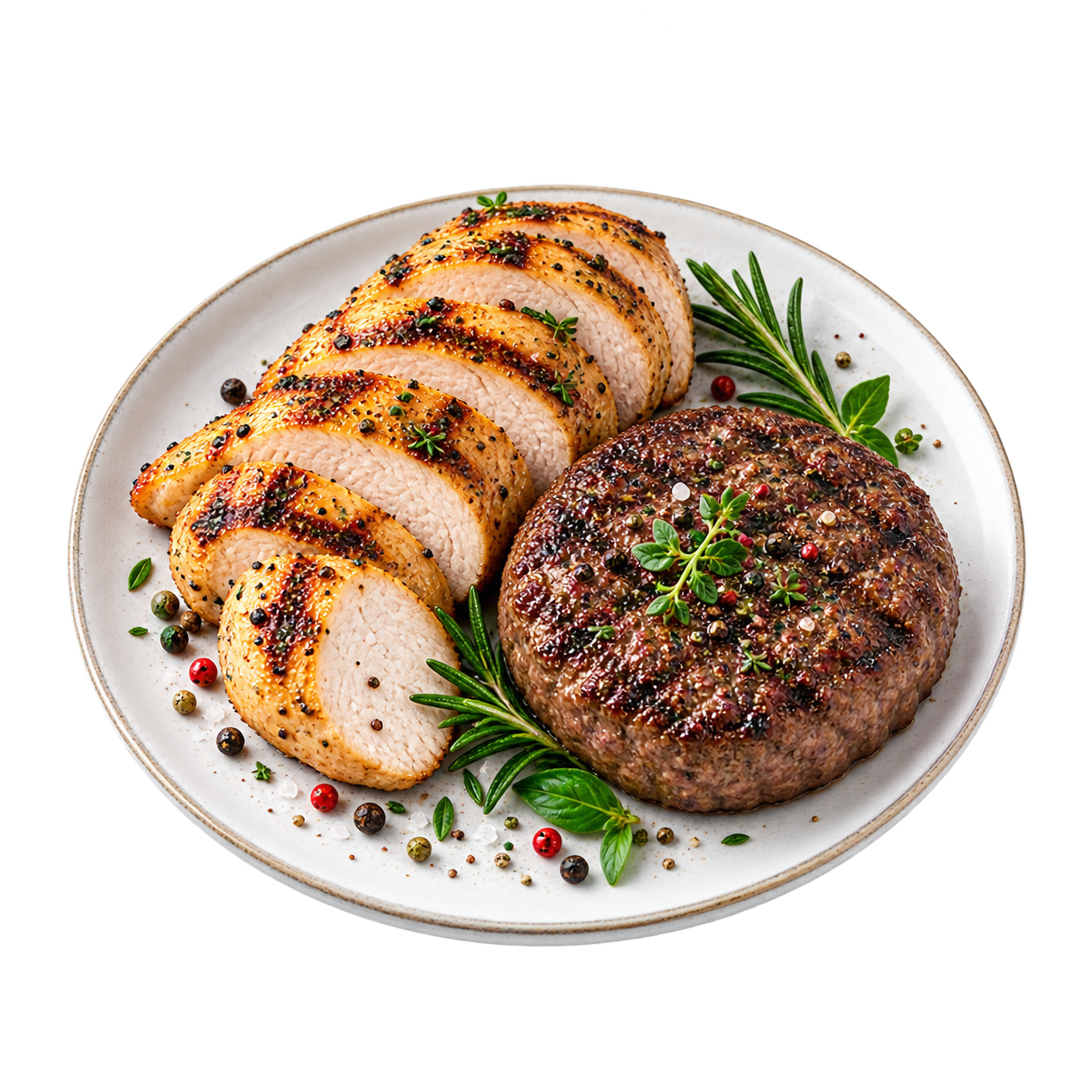Baharat ve yeşilliklerle süslenmiş dilimlenmiş tavuk göğsü ve pişmiş dana köftesiyle servis edilen meşrubatlı et yemeği.