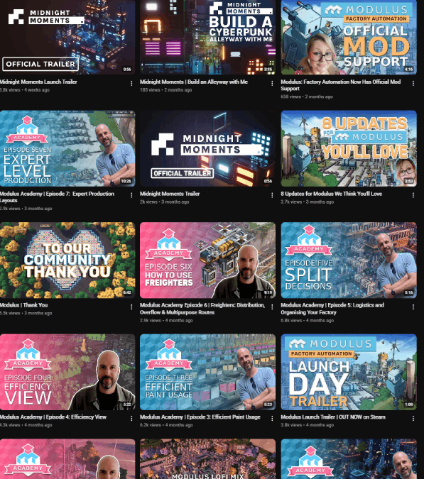 YouTube thumbnail collage featuring various tech, gaming, and educational videos from Midnight Moments and Modulus Academy, with titles and images of hosts, gameplay, and animations.