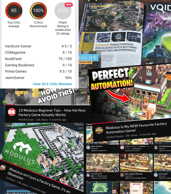 Collage of gaming-related content including reviews, tips, and images of Factory Automation game features and gameplay.