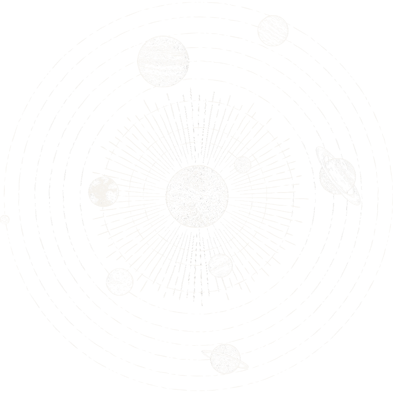 A black and white illustration of the solar system with planets orbiting the Sun, depicted with detailed surface textures, on a black background with white orbit lines.