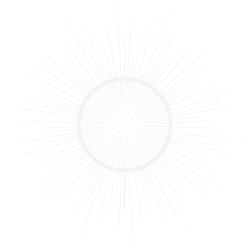 A black background with a white circular geometric design resembling a stylized sun or starburst pattern, with radiating lines and dotted details.