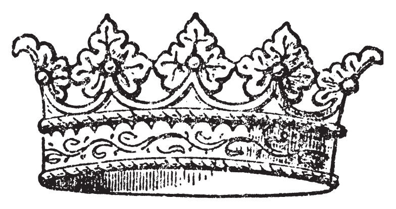 Black and white illustration of a crown with ornate details and floral motifs.