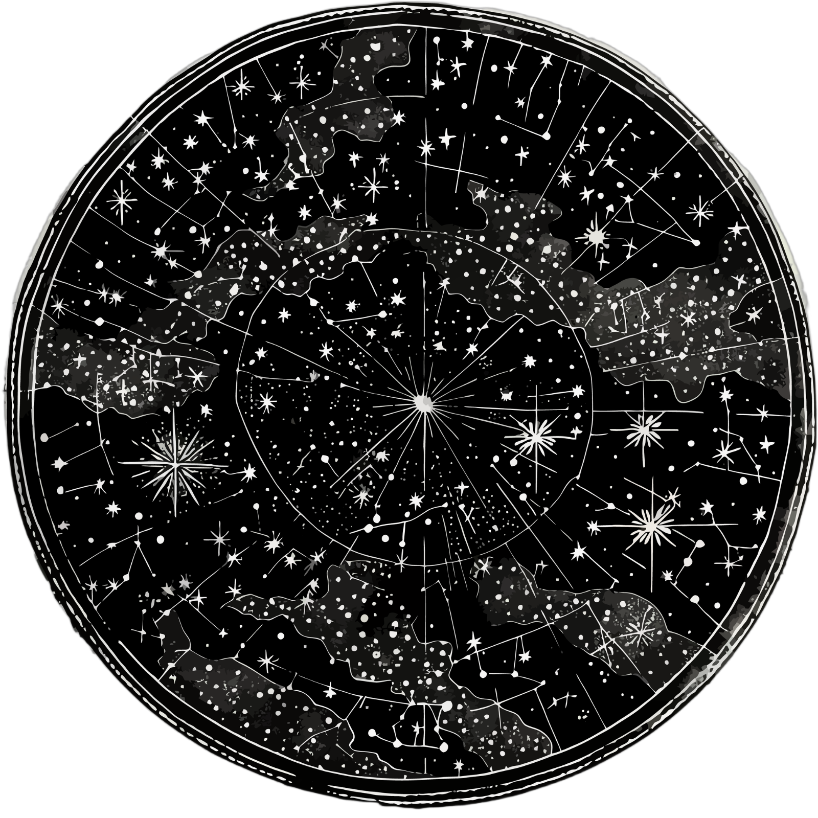 A celestial map of constellations and stars, depicted in a circular chart with black background and white star and constellation lines.