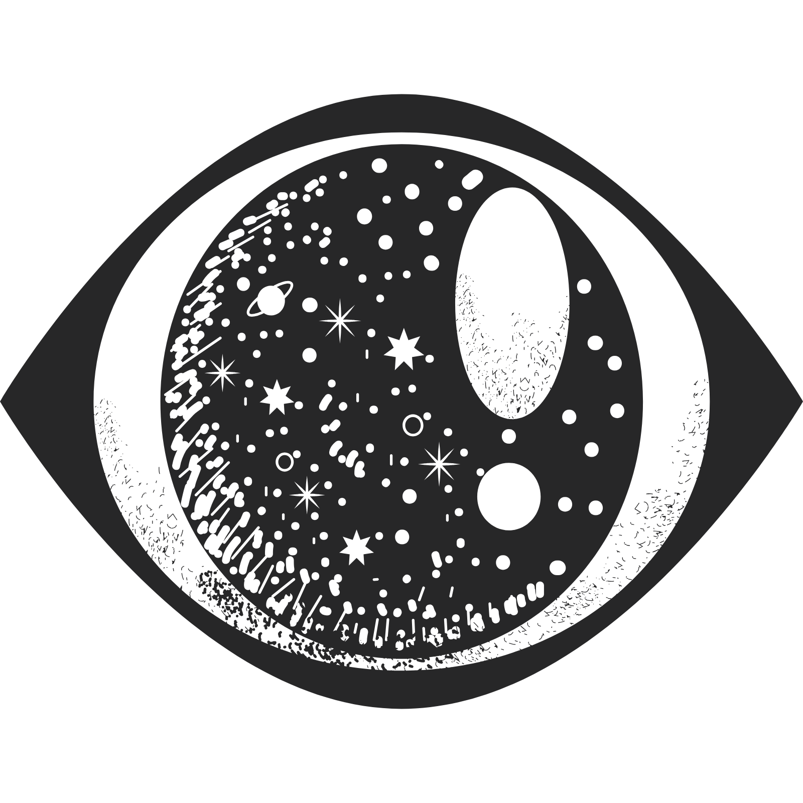 Illustration of a planet with stars, galaxies, and cosmic elements in space, enclosed within a circular motif.