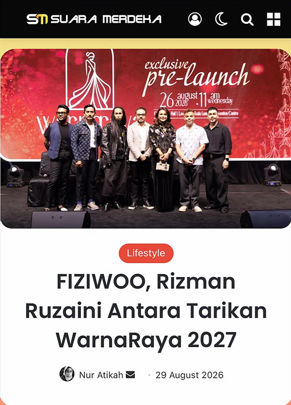 Group photo of seven people on stage at a pre-launch event for WarnaRaya 2027.