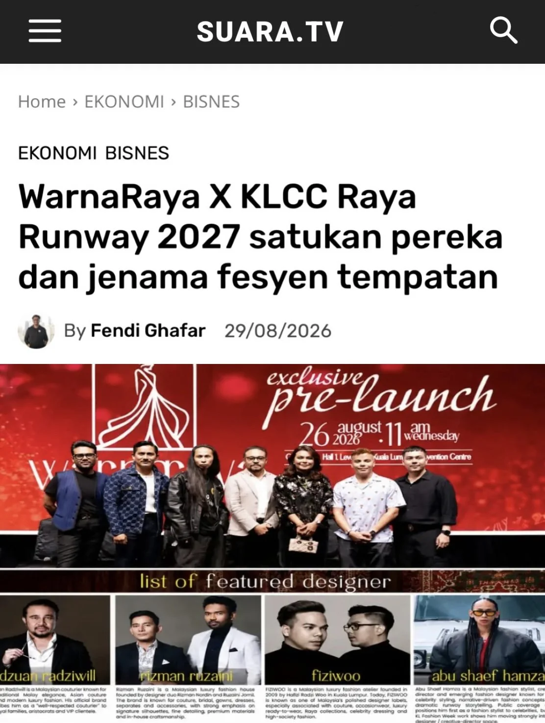 A group of six people standing on a stage at the WarnaRaya X KLCC Raya Runway 2027 event, with a red backdrop and event details, including date and location, displayed prominently.