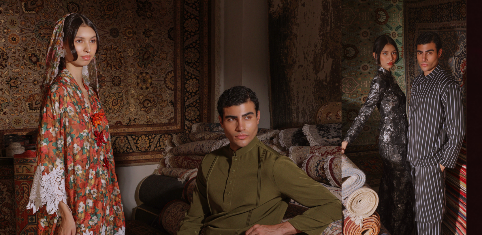 Fashion photoshoot featuring a man and a woman in a room with Persian rugs. Both of them showcasing traditional malay clothing
