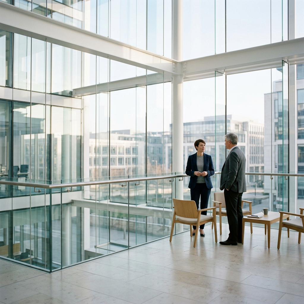 Two people, a man and a woman, having a conversation in a modern office building with large glass windows and natural light, sitting on chairs with a small table between them.