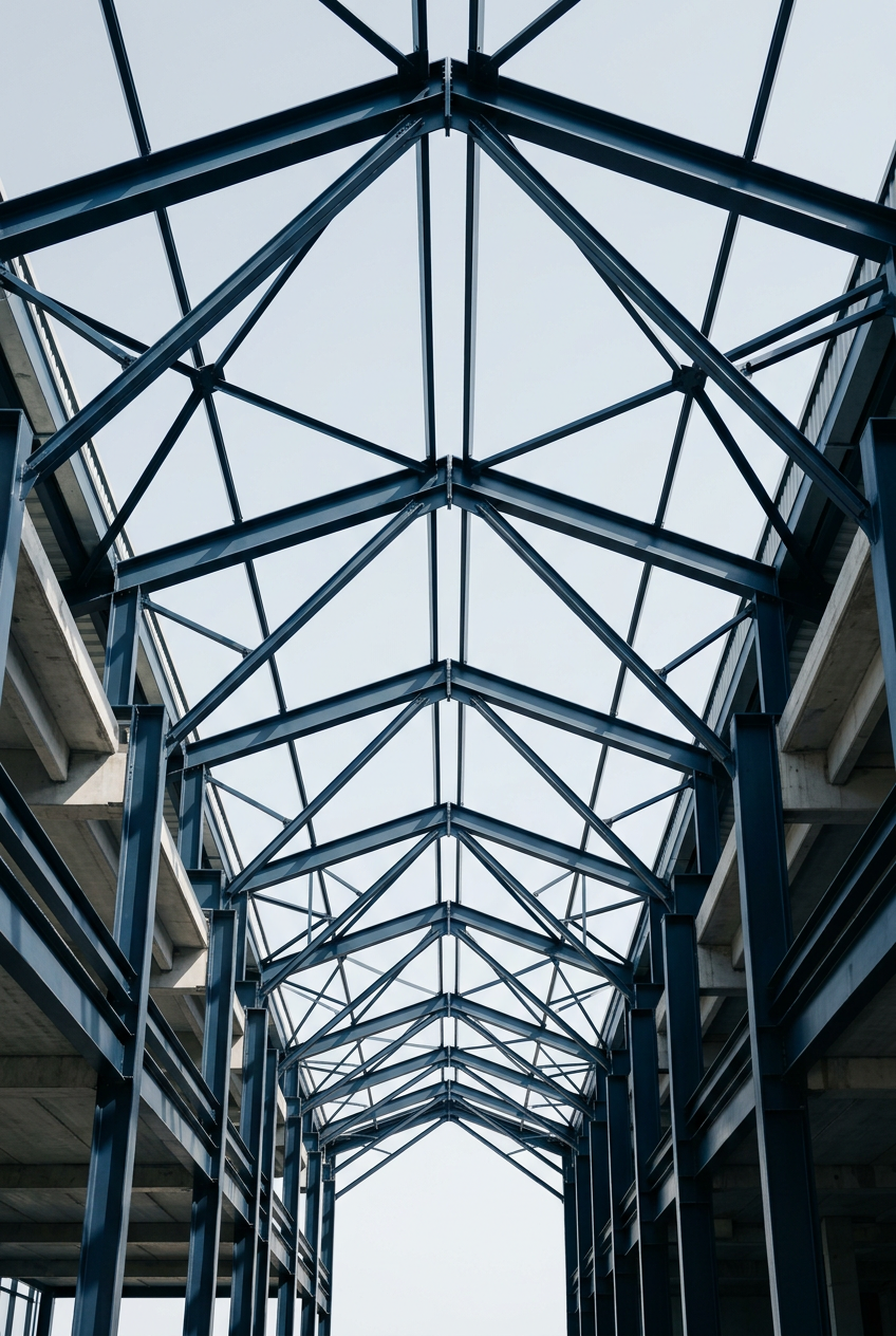 View of blue metal framework and supports on the underside of a roof or ceiling, with an open sky above.