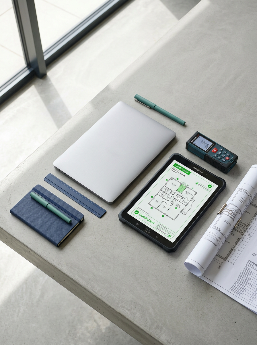 A work desk with a closed silver laptop, a blue notepad with a green pen, a blue ruler, a digital measuring device, a tablet displaying a floor plan with a green "Compliant" label, a rolled-up architectural blueprint, and a green pen, all near a large window.
