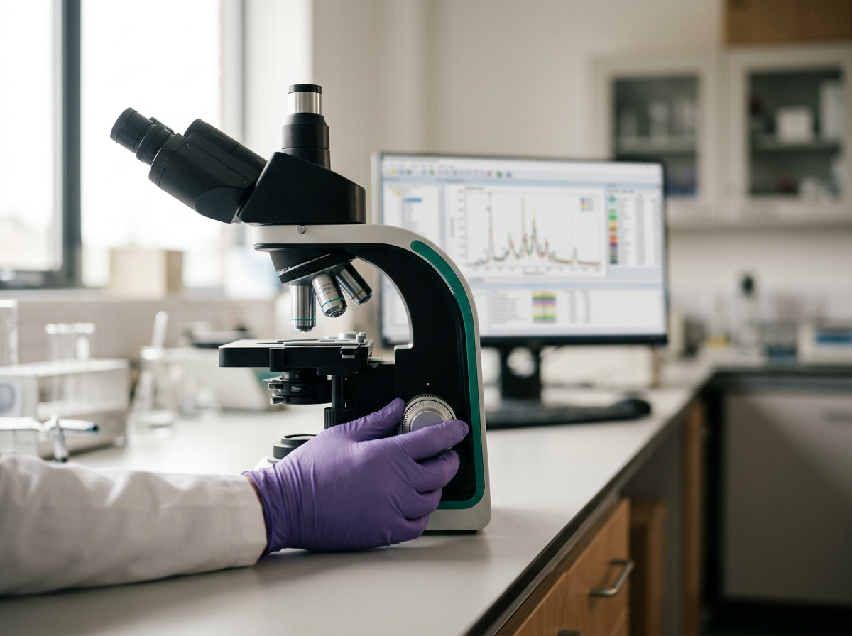 A scientist wearing purple gloves adjusting a microscope in a laboratory, with a computer screen displaying graphs in the background.