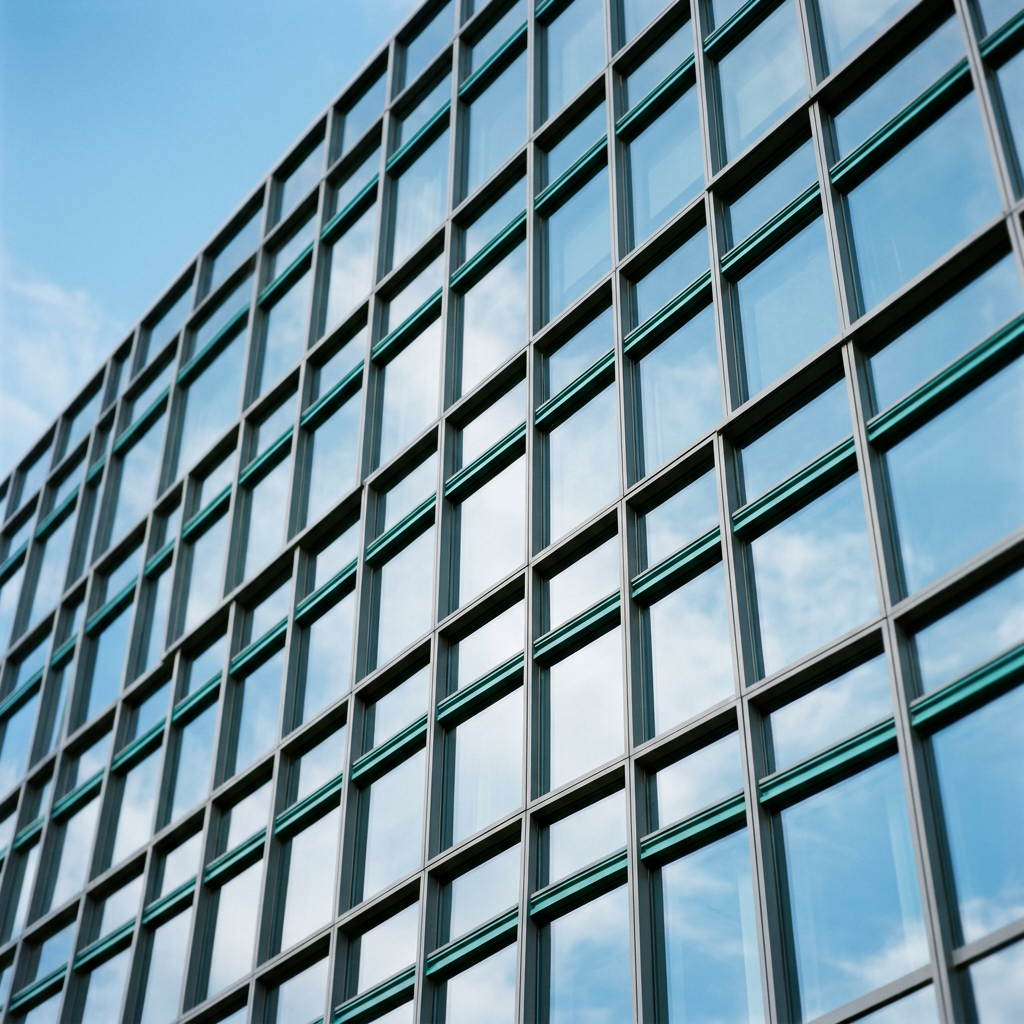 Close-up of a modern office building's glass facade reflecting the cloudy sky.