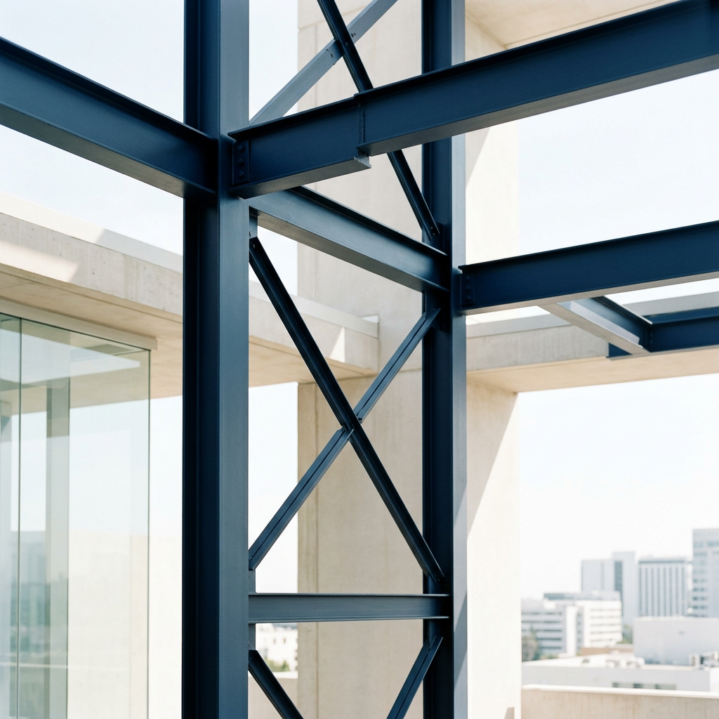 Close-up of a modern building's blue steel framework with clear glass and city skyline in the background.