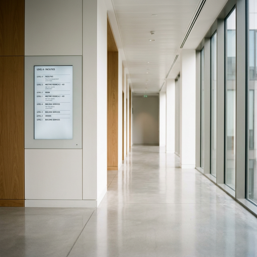 Empty modern hallway with white walls, large windows on the right side, and a directional sign on the left side listing floors and facilities.