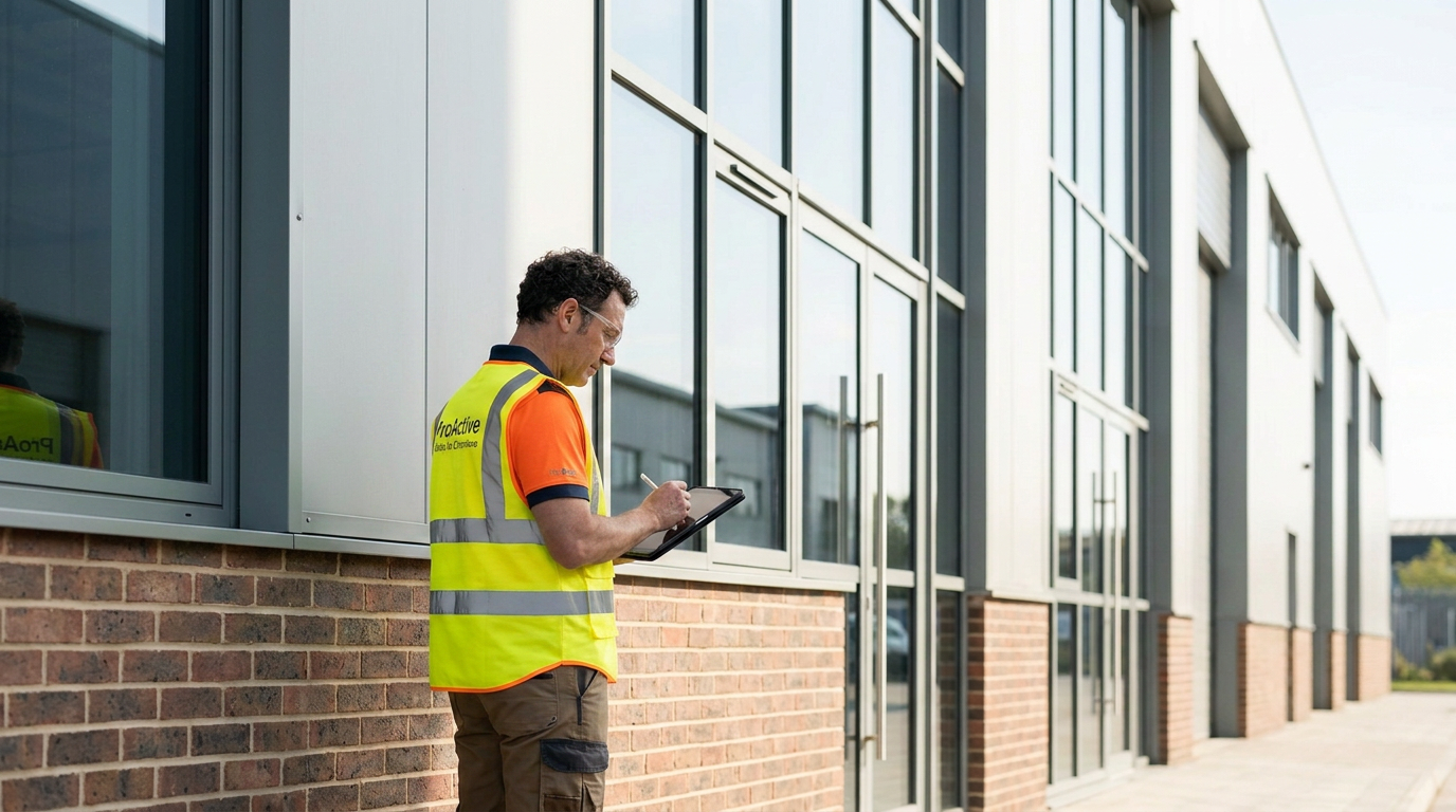 A man wearing a high-visibility vest and orange shirt standing outside a modern building, writing on a clipboard.