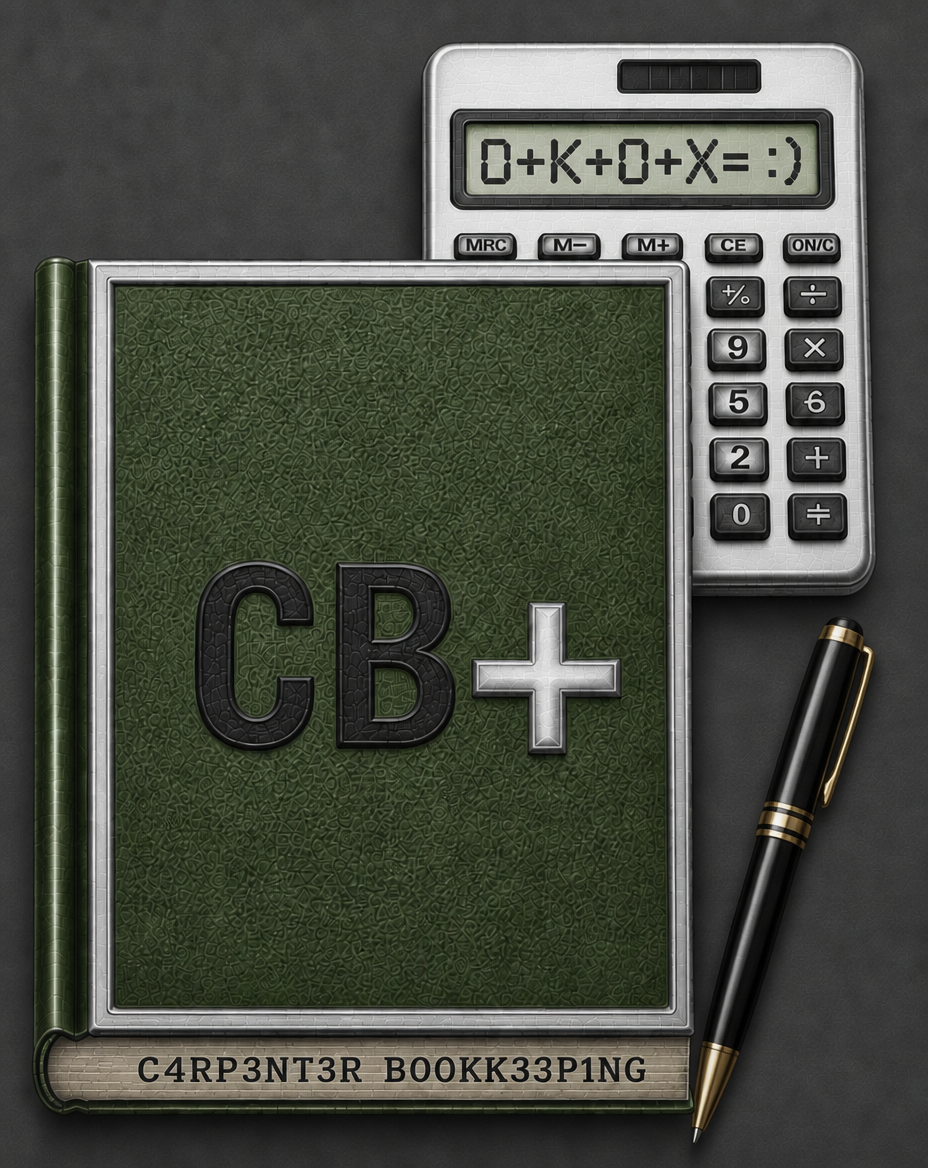 A notebook with the text 'C B+' on the cover, a calculator displaying a math equation, a pen, and a small strip of paper with a code on it.