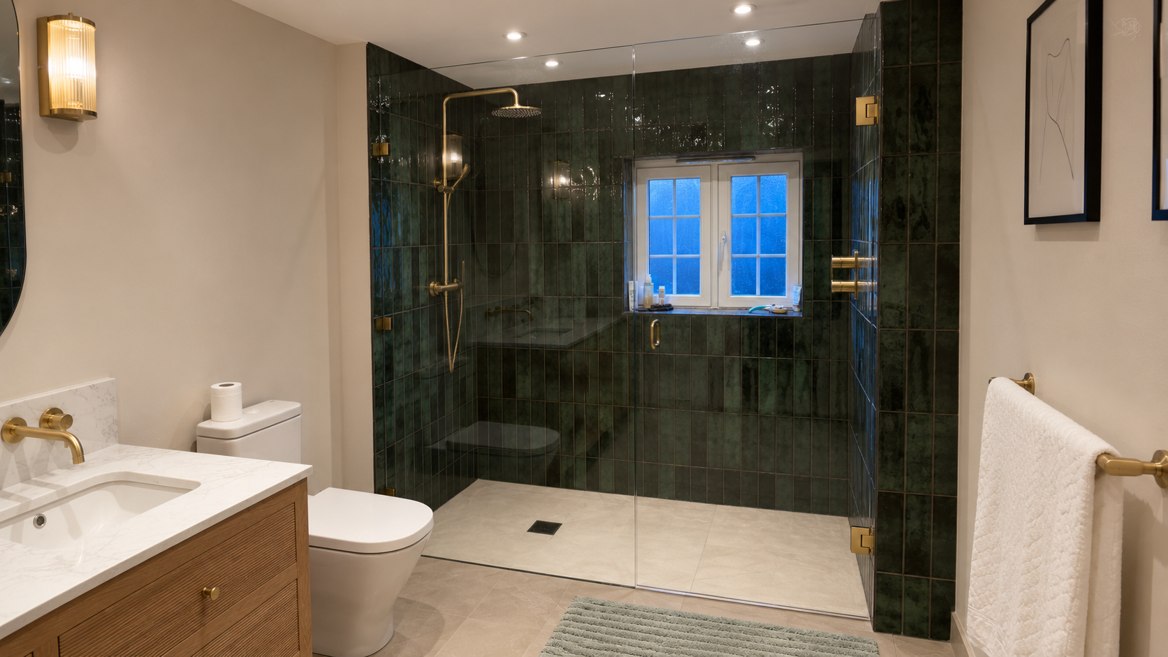 Modern bathroom with a glass-enclosed shower area, dark green tiles, a window, a toilet, a bathroom vanity with a marble countertop, and gold fixtures.