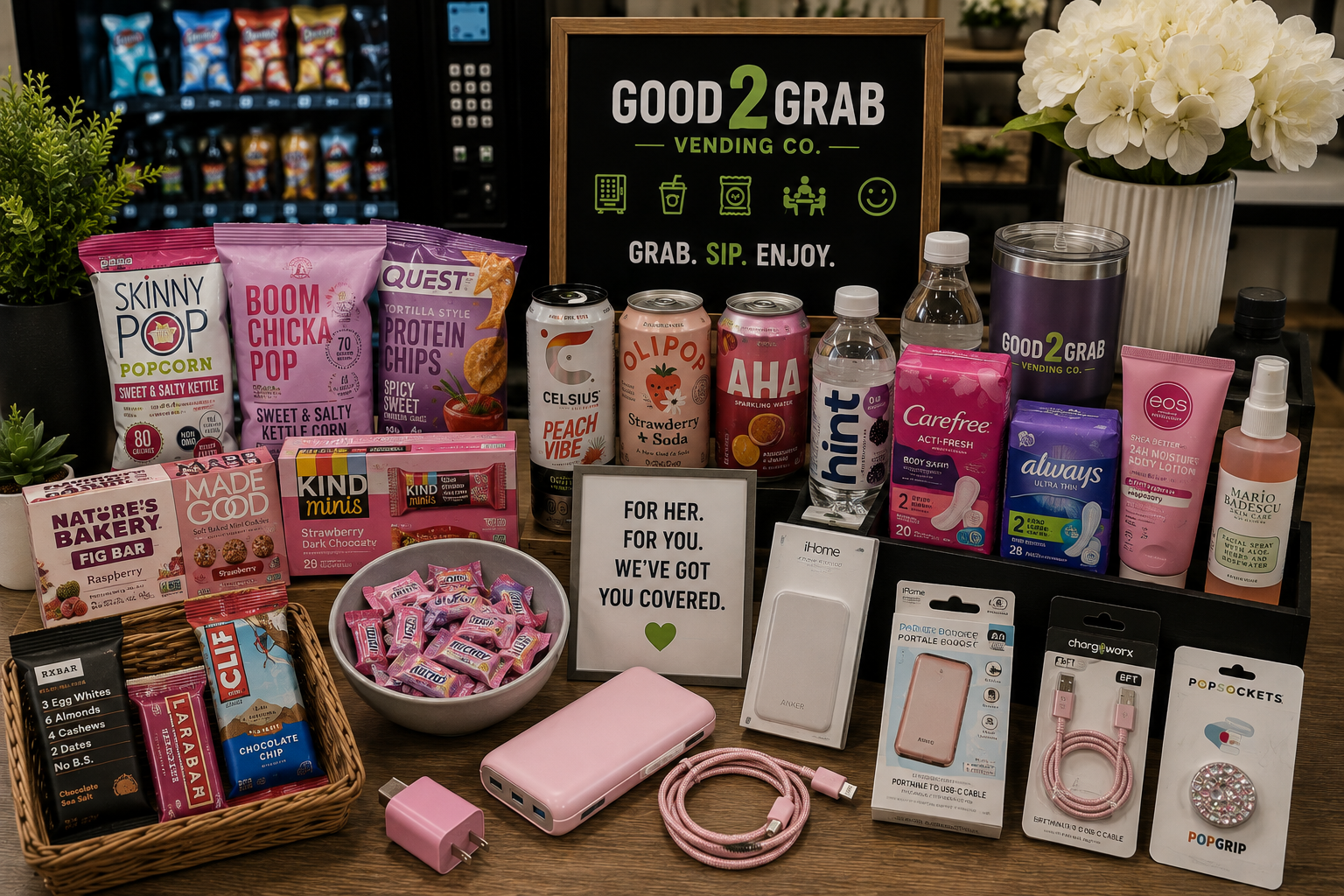 A display of various snacks, beverages, and personal items arranged on a table in front of a vending machine, with a sign reading 'GOOD 2 GRAB VENDING CO. Grab. Sip. Enjoy.'